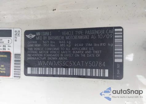 2010 Mini Cooper S z USA, uszkodzony, nr VIN WMWMS3C5XATY50784